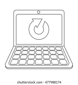 Minimalism digital illustration of a laptop computer displaying a reload or refresh icon on its screen made by curved lines and geometrical shapes in vector eps 10 format for creative design