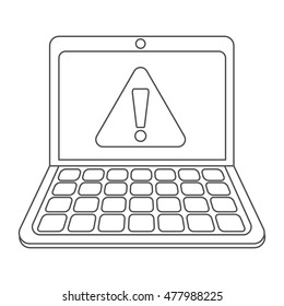 Minimalism digital illustration of a laptop computer displaying a big exclamation mark on its screen made by curved lines and geometrical shapes in vector eps 10 format for creative design