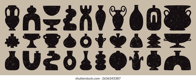 minimalism, elegance, classic vases and amphorae textured boho ceramic vases trendy minimalist style. pottery icons creative trendy forms. Vector illustration