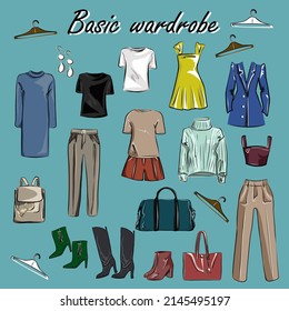 Minimalism. Fashion. Capsule basic wardrobe for a woman.  Big cupboard. Wardrobe with a set of clothes on hangers and bags. Isolated vector objects.