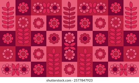 Minimalism floral burgundy poster. Modern vintage flowers and leaves abstract magenta pink tones grid repeating pattern. Minimal hand drawn style flat impactful backdrop. Vector illustration