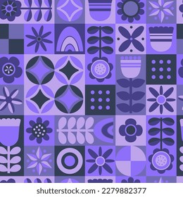 Minimalism geometric abstract seamless pattern. Repeatable monochrome purple pattern tile design with flowers, shapes and forms. Vector illustration. Hand drawn flat style