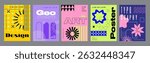 Minimalism geometric poster cover set. A4 banners with brutalism elements, abstract stars or flowers, striped grids, different frames. Modernism art design with Y2K aesthetics. Vector illustration.