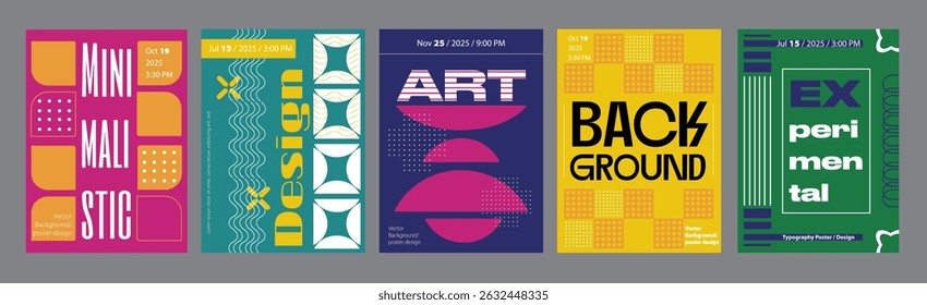 Minimalism geometric poster cover set. A4 banners with brutalism shapes, mosaic pattern with square figures, bright groovy ornaments. Modernism art design with Y2K aesthetics. Vector illustration.