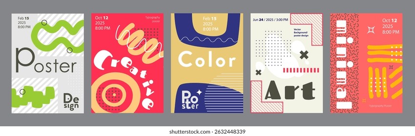 Minimalism geometric poster cover set. A4 banners with brutalism elements, colourful curve and wave form, abstract figures and patterns. Modernism art design with Y2K aesthetics. Vector illustration.