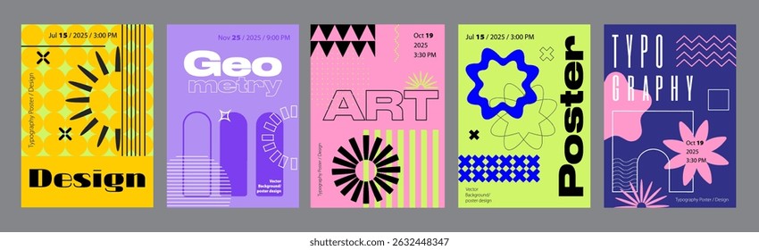 Minimalism geometric poster cover set. A4 banners with brutalism elements, abstract stars or flowers, striped grids, different frames. Modernism art design with Y2K aesthetics. Vector illustration.