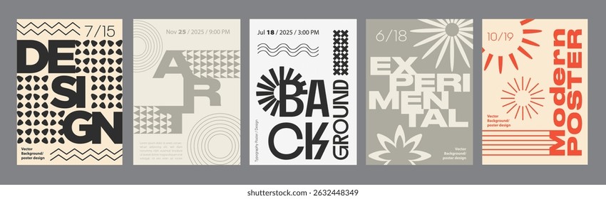 Minimalism geometric poster cover set. A4 banners with brutalism forms, different prints shapes, abstract line patterns, calm colours. Modernism art design with Y2K aesthetics. Vector illustration.