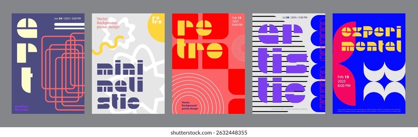 Minimalism geometric poster cover set. A4 banners with brutalism simple forms, line square grids, abstract stars, flowers, groovy shapes. Modernism art design with Y2K aesthetics. Vector illustration.