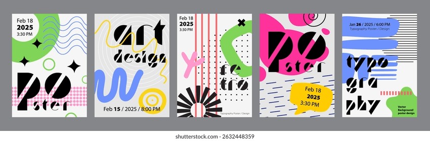 Minimalism geometric poster cover set. A4 banners with brutalism simple forms, trendy acid, bold textured shapes, dots grid, more. Modernism art design with Y2K aesthetics. Vector illustration.