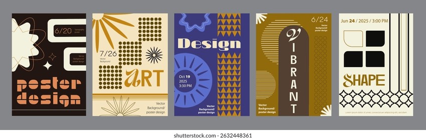 Minimalism geometric poster cover set. A4 banners with brutalism shapes, flower, star, sun elements, various grids, repeat ornaments. Modernism art design with Y2K aesthetics. Vector illustration.