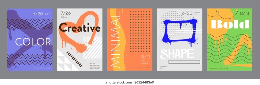 Minimalism geometric poster cover set. A4 banners with brutalism simple forms, graffiti spraying paint shapes, dots or striped patterns. Modernism art design with Y2K aesthetics. Vector illustration.