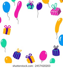 Fondo gráfico minimalista con Elementos de la fiesta. Vector doodle decoración borde Cumpleaños. Colorido regalo de la ilustración y globo.