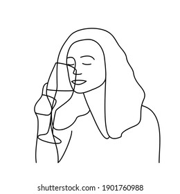 Minimalism hand drawn female vector portrait in modern abstract one line drawing graphic style. Decor print, wall art, creative design social media. Trendy template portrait woman drinks from a glass