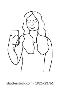 Minimalism hand drawn female vector portrait in modern abstract one line drawing graphic style. Decor print, wall art, creative design social media. Trendy template woman speaks on the phone on white