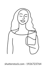 Minimalism hand drawn female vector portrait in modern abstract one line drawing graphic style. Decor print, wall art, creative design social media. Trendy template woman speaks on the phone on white