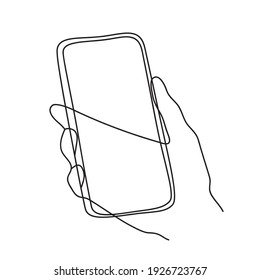 Minimalismo de mano vectorial dibujado a mano sosteniendo el teléfono en un estilo gráfico de dibujo de una línea abstracto moderno. Impresión de decoración, arte en la pared, diseño creativo de medios sociales. Plantilla de moda aislada en fondo blanco