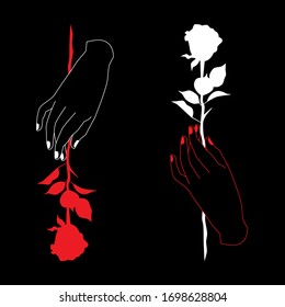 Minimalismo, mano con rosa, ilustración vectorial, rojo y blanco
