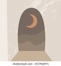 minimalism interior painting, pastel palette, peach and terracotta. desert landscape, sun and moon, Moroccan style