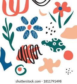 Minimalism isolated abstract floral pattern. Hand drawn creative decor for textile or paper. Exotic tropical plants and flowers. Flat vector illustration.