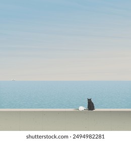 Minimalism landscape of blue sea with white cat and black cat sitting on cement barrier at seaside in the morning graphic illustration have blank space.