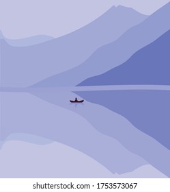 Minimalism landscape man alone in boat 
with mountain and lack vector illustration  background 