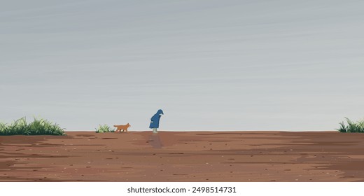 Minimalismo paisaje vista lateral del área embarrada después de la lluvia tienen un niño que lleva impermeable jugando con la ilustración gráfica del cachorro tienen espacio en blanco