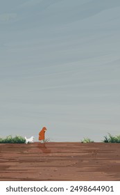 Minimalism landscape side view of muddy area after the rain have a kid wearing raincoat playing with puppy graphic illustration have blank space