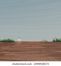 Minimalism landscape side view of muddy area after the rain have a dog standing on a puddle graphic illustration have blank space