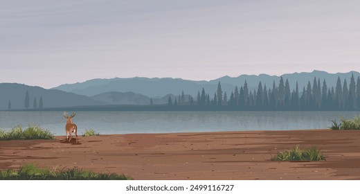 Minimalism landscape side view of muddy area with deer, lake, pine forest and mountain ranges  graphic illustration have blank space