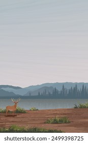 Vista lateral del paisaje del minimalismo del área embarrada con el venado, el lago, el bosque de pinos y la ilustración gráfica de las cordilleras tienen espacio en blanco