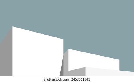 Minimalism Modern Geometric Architecture shape on Green Background,Green Sky with Platform 3d White Display Podium Step for Summer Cosmetic Product Present,Vector Horizon scene grey wall