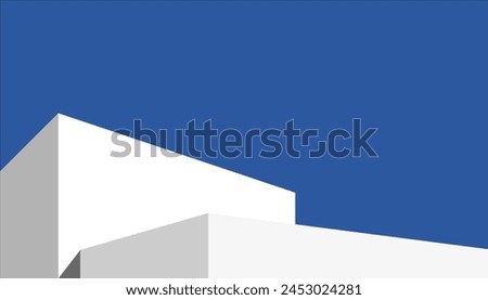 Minimalism Modern Geometric Architecture shape on Clear Blue Background,Sky blue with Platform 3d White Display Podium Step for Summer Cosmetic Product Present,Vector Horizon scene grey wall