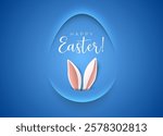 Minimalism paper cut egg shape frame Happy Easter greeting card abstract banner. Bunny ears, blue background, Happy Easter white lettering. Neumorphic shadow volume creative blue design