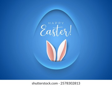 Minimalism paper cut egg shape frame Happy Easter greeting card abstract banner. Bunny ears, blue background, Happy Easter white lettering. Neumorphic shadow volume creative blue design