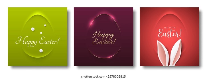 Minimalism paper cut egg shape frame Easter greeting card abstract square social network post template set. Bunny ears, white Happy Easter lettering. Green, purple, pink background, gold elegant line