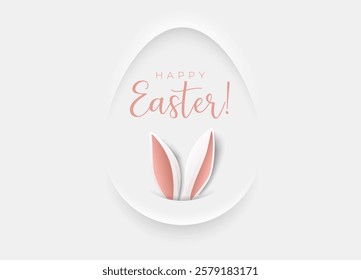 Minimalism paper cut egg shape frame Happy Easter greeting card abstract banner. Bunny ears, white background, Happy Easter pink lettering. Neumorphic shadow volume creative white design