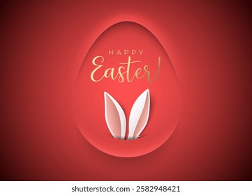 Minimalism paper cut egg shape frame Happy Easter greeting card abstract banner. Bunny ears, red background, Happy Easter gold lettering. Neumorphic shadow volume creative red design