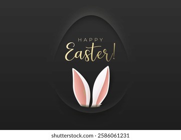 Minimalism paper cut egg shape frame Happy Easter greeting card abstract banner. Bunny ears, black background, Happy Easter gold lettering. Neumorphic shadow volume creative black design