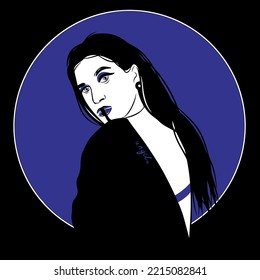 Minimalism, portrait of a girl with long hair, in blue and white, on a black background, fashion, graphics