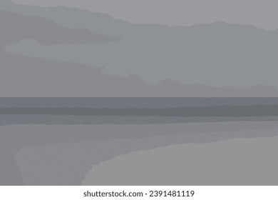 Minimalism scene of misty morning background in the sea. Fog over lake wave water. Calm beach view. Tranquil empty landscape with soft blue gray gloomy sky. Nature abstract art backgrounds. Copy space