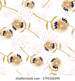 Patrón de baloncesto sin costuras de mínimos. Flores beige aisladas sobre fondo blanco con salpicaduras rosas. Perfecto para papel pintado, textil, papel envolvente, impresión de tela. Ilustración vectorial.