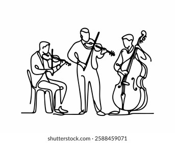 Minimalism simple drawing sketch continuous line drawing, three-piece orchestra, violinist, saxophone, guitar