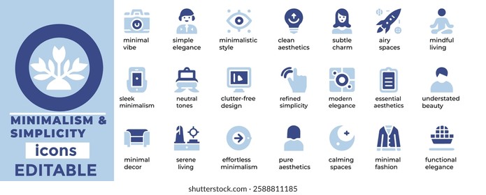 Minimalism and Simplicity vector icons for clean, modern, and elegant designs. Fully editable, scalable, and versatile
