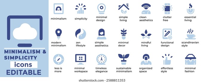 Minimalism and Simplicity vector icons for clean, modern, and elegant designs. Fully editable, scalable, and versatile
