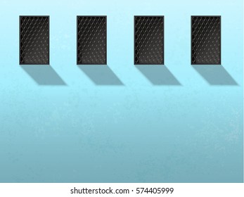 Minimalism style architecture background. Abstract wall with windows. Jail windows illustration. Building wall vector image. Grunge facade. Home guard. House wall front view.