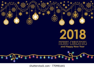Minimalism style Merry Christmas and Happy New Year card. Golden snowflakes and festive garland on black background.