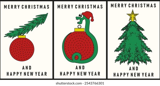 Minimalism style new year greeting postcard cover set. Collection of Christmas posters template design with snake, xmas tree, ball. Neo Brutalism Vector illustration.