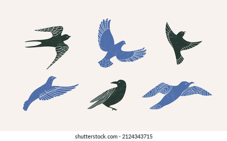 Minimalism style set of different flying birds. Simple icon collection of naive style birds, logo elements design template. Vector illustration in simple hand drawn and linocut style.