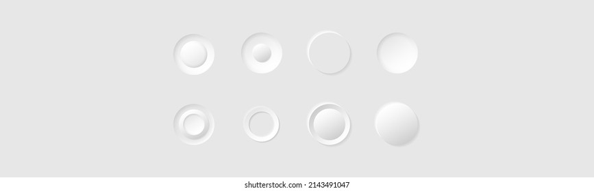 Minimalism style white circle buttons or icons. Neumorphism style elements vector set. Modern website or mobile app design. Neumorphic UI UX design collection.