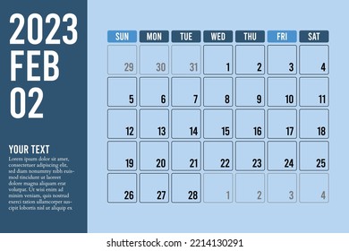 Minimalist 2023 February Calendar. New year Desk Calendar template. Month Planner 